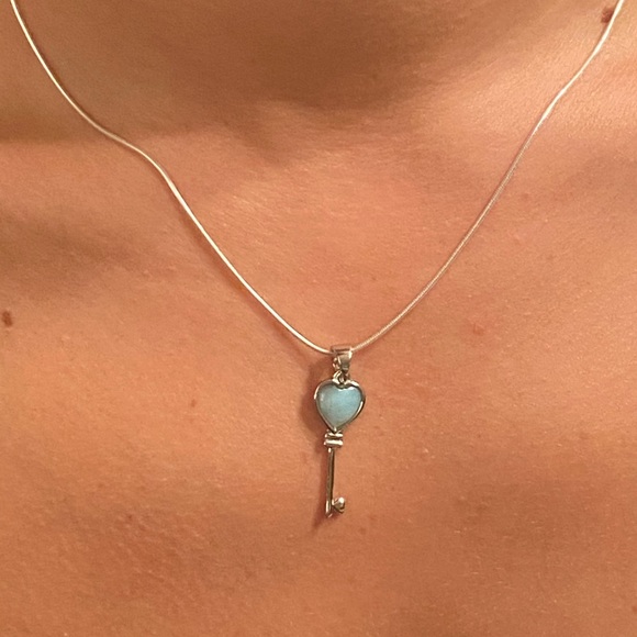 Natural Larimar Key Sterling Silver Necklace - Picture 12 of 16